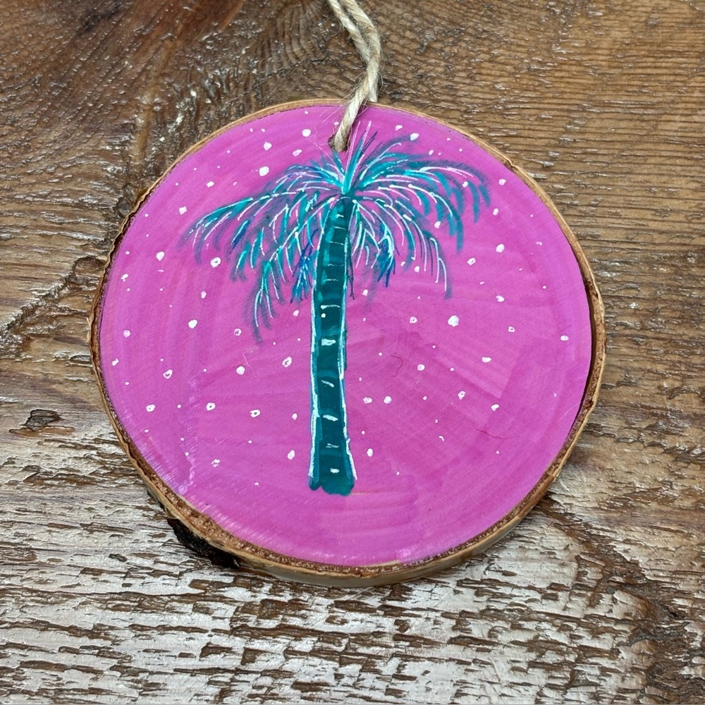 Hand Painted Wood Christmas Ornament Pink Palm Tree